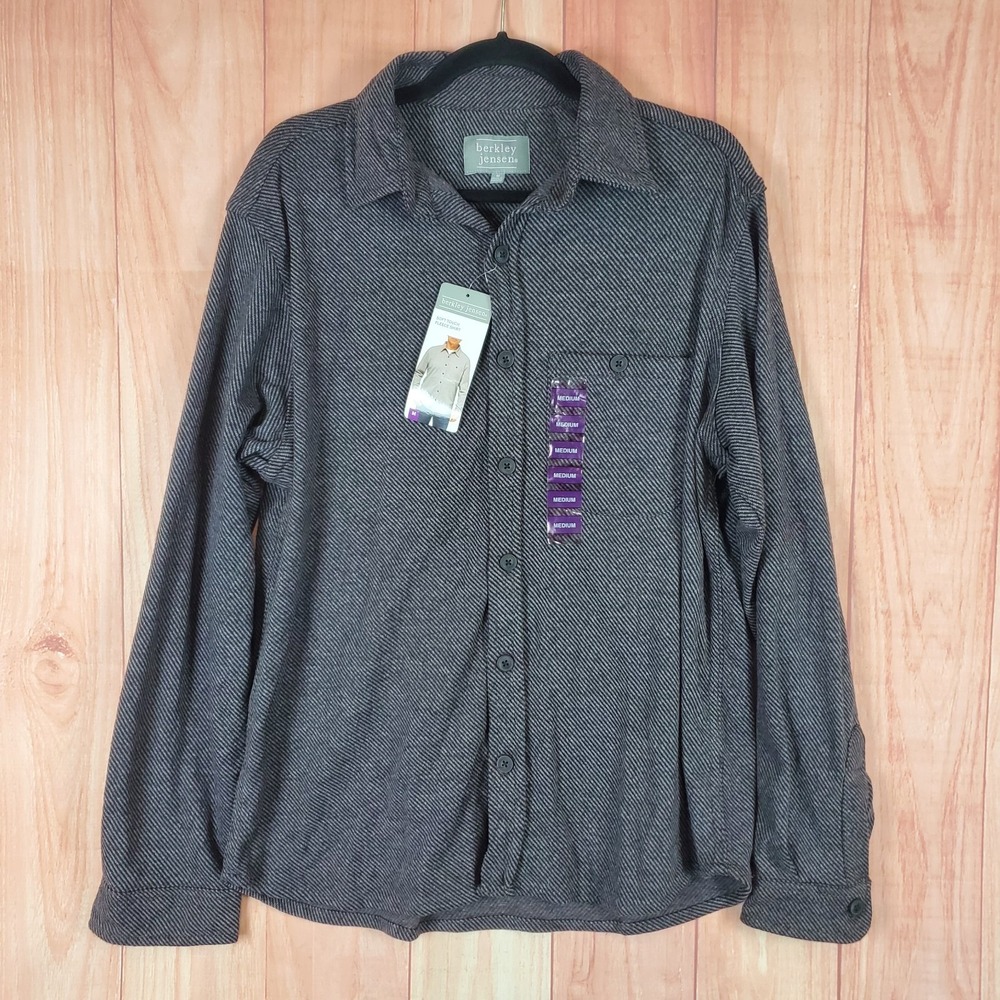 Berkley Jensen Shirt Mens Medium Black Gray Striped Stretch Super Soft Button Up
